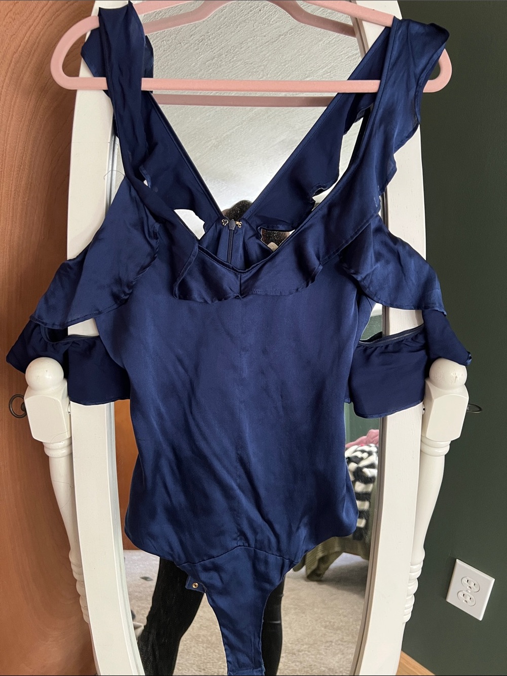 For Love & Lemons Navy Blue Ruffle Cold-Shoulder Bodysuit